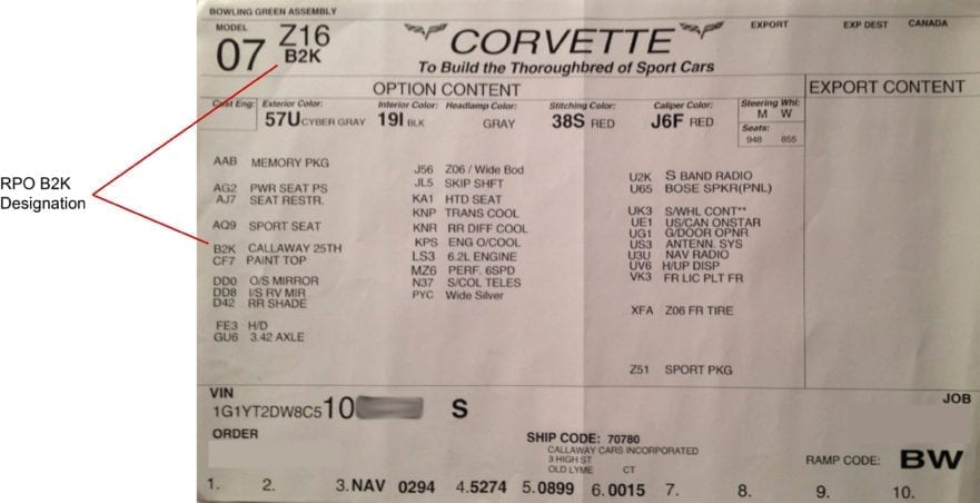 Callaway Corvette RPO B2K Build Sheet Callaway Corvette RPO B2K Build Sheet
